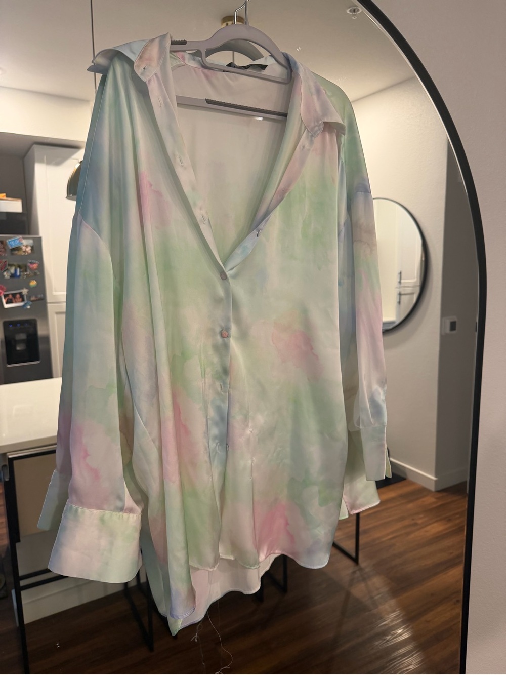 Zara Pastel Watercolor Satin Button-Up Sleep Shirt in Mint, Pink & Pale Blue
